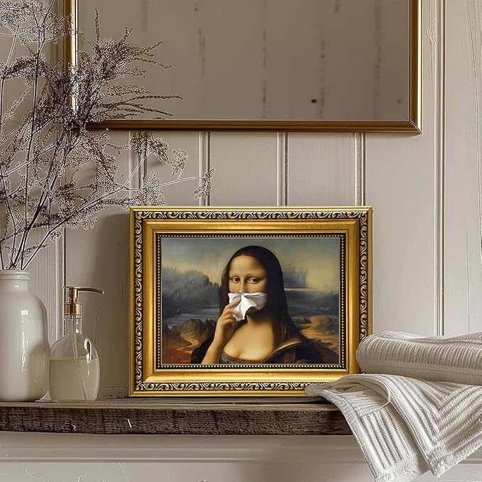 YD&YZY Gold Framed Funny Bathroom Wall Art Mona Lisa Humor Amusing Toilet Art Pinching Nose Wall Decor Vintage Unique Art Painting Picture Print Whimsical Bathroom Restroom 8x10 inch Small Framed