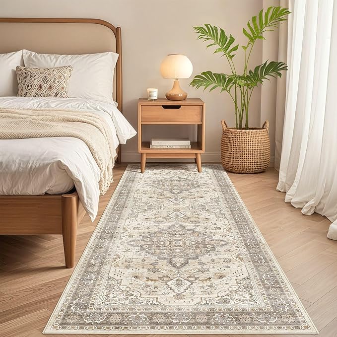 Runner Rug Kitchen Washable Rugs: 2x5 Non-Slip Boho Soft Vintage Stain Resistant Indoor Floor Neutral Farmhouse Throw Carpet for Hallway Bathroom Laundry Room Entryway Bedroom- Brown