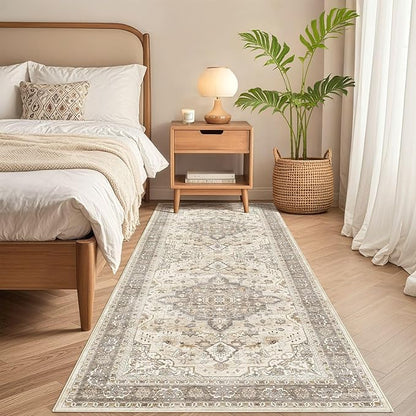 Runner Rug Kitchen Washable Rugs: 3x8 Non-Slip Boho Soft Vintage Stain Resistant Indoor Floor Neutral Farmhouse Throw Carpet for Hallway Bathroom Laundry Room Entryway Bedroom- Brown