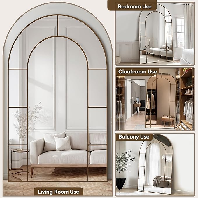 Antok 81" x 41" Full Length Mirror, Floor Mirror Arched Window Decorative Mirror, Metal Framed Decor Farmhouse Floor Mirrors Art Pane Mirrors Wall Decor for Bedroom, Living Room, Entryway Bronze