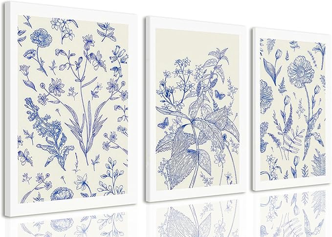 LYPHNX Framed Blue White Chinoiserie Floral Canvas Wall Art Navy Watercolor Flower Painting Posters Set of 3 Minimalist Botanical Wildflower Prints Picture Home Decor for Bedroom Living room 12"x16"
