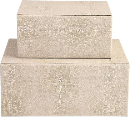 HofferRuffer Faux Leather Jewelry Boxes, Decorative Boxes Storage Accessory Organizer with Gold Hardware Decor, Classic Vegan Leather Set of 2 Pieces (Light Grey)