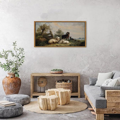 Rustic Sheep Canvas Wall Art Framed Vintage Country Pasture Animal Pictures Farmhouse Meadow Field Prints Painting Cottagecore Countryside Poster Artwork for Bedroom Living Room Home Decoration 20x40