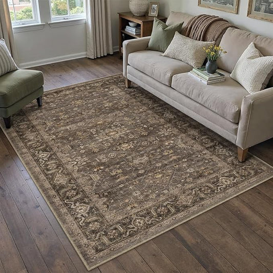 4x6 Washable Area Rug for Living Room Bedroom Vintage Brown Soft Low Pile Carpet Traditional Retro Non Slip Throw Rug for Dining Room Entryway Indoor Dorm Kitchen