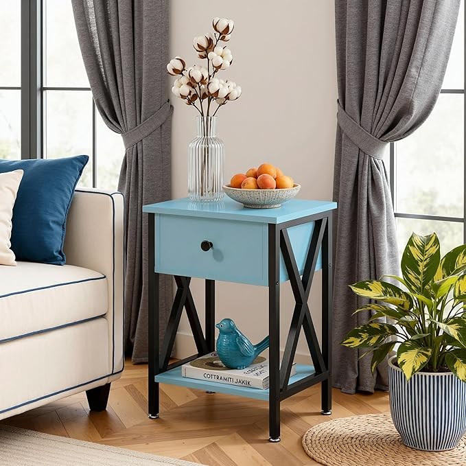 VECELO Nightstand,Modern Bedside End Table, Night Stand with Drawer and Storage Shelf for Living Room Bedroom, Industrial Metal Frame