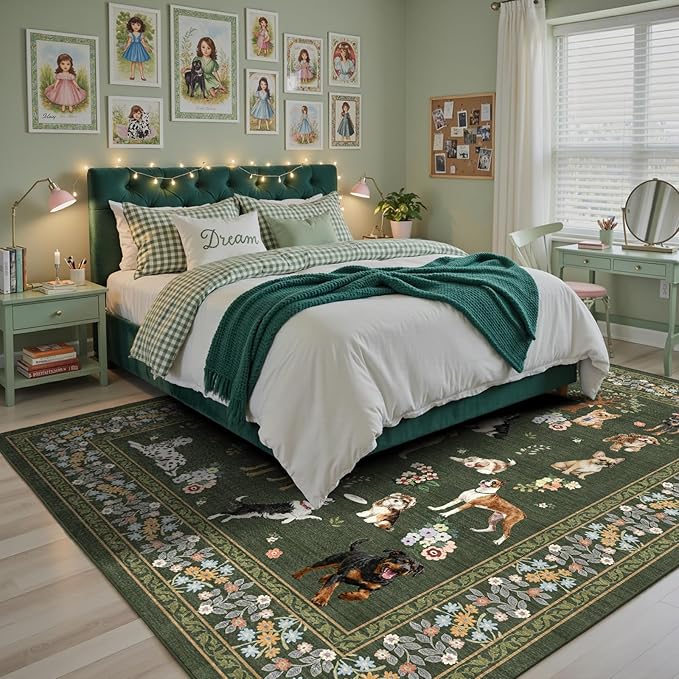 Dogs Area Rugs 9x12 for Living Room, Washable Rug Non Slip Floral Low Pile Large Rug for Living Room, Bedroom, Farmhouse, Dining Room, Kids Playroom, Dark Green