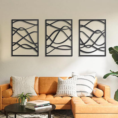 Zzbakress 3 Pcs Black Wooden Wall Decor Abstract Wall Art Decor Fine Curve Decoration Minimalist Wooden Single Line Decoration Wall Art for Living Room Bedroom Bathroom (Retro)