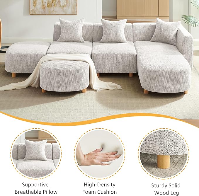 VANOMi 109.84" Modular Sectional Sofa with 3 Pillows, Convertible 5-Seater Comfy Boucle Cloud Couch with Ottoman, Modern Sectional Sofas for Living Room, Office, Apartment (Camel)