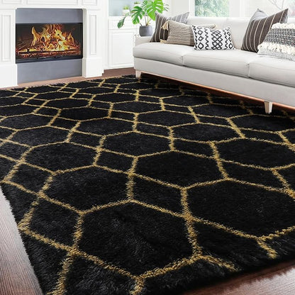 ONASAR 5x7 Area Rugs for Living Room Bedroom, Fluffy Black and Gold Faux Fur Rug, Geometric Boho Soft Plush Shaggy Floor Carpet Mat for Nursery Kids Girls Boys Teen Dorm Home Office Decor