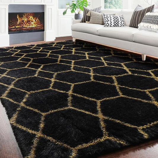 ONASAR 7x9 Area Rugs for Living Room Bedroom, Large Boho Fluffy Black and Gold Throw Rug, Geometric Soft Plush Shaggy Floor Carpet for Nursery Kids Girls Boys Teen Dorm Home Decor Aesthetic