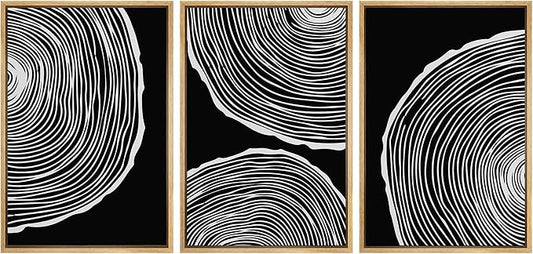 SIGNLEADER Framed Canvas Print Wall Art Set Duotone Geometric Wood Ring Circle Collage Abstract Shapes Illustrations Modern Art Boho Decorative for Living Room, Bedroom, Office - 16"x24"x3 NATURAL