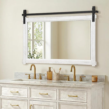 Besdomus Large Bathroom Farmhouse Mirror: 42"x28" White Barn Door Farmhouse Solid Cedar Wood Frame - Rustic Wall Decorative Mirror for Entryway/Living Room/Bathroom Redo - Home Decor for Housewife