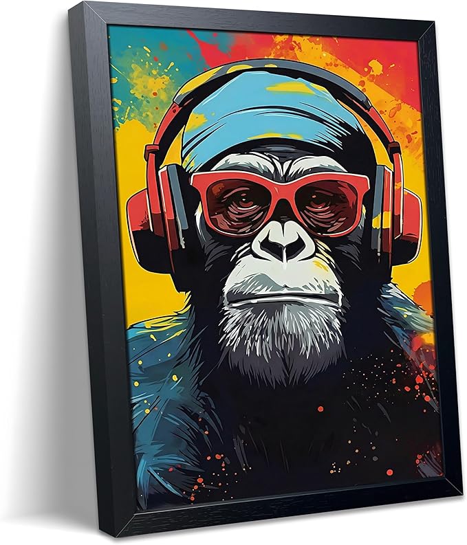 Framed Cool Monkey Wall Art, With Headphones and Sunglasses Chimp Wall Decor, Colorful Graffiti Canvas Print Poster, Cool Animal Oil Painting for Boys Bedroom Gaming Room Home Decor 8x10 Inch