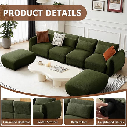 U Shaped Cloud Sectional, Convertible L Shaped Couch with Removable Ottomans,Modular Cloud Couch Sectional for Living Room(4 Set + 2 Ottomans - Green)