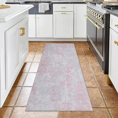 ROYHOME Modern Abstract 2x10 Runner Rug Washable Non Slip Stain Resistant Rug for Hallway Kitchen Bedroom Non Shedding Low Pile Indoor Floor Cover,Grey Pink