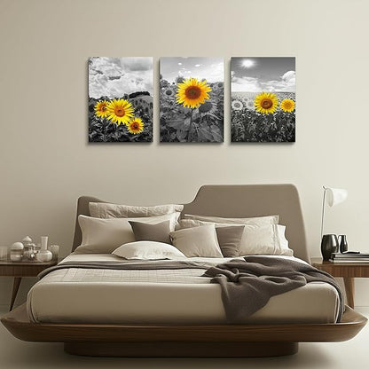 Large size Canvas Wall Art for Living Room family Bedroom wall painting Decoration,Bathroom Wall Decor kitchen Home Decoration Black and white sunflower flowerswall pictures artwork,16x24 3 piece