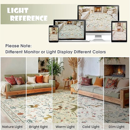 6x9 Area Rugs Washable Rug: Lagre Boho Living Room Rug Soft Non-Slip Thin Carpet Indoor Floor Non-Shedding Neutral Floral Carpets for Bedroom Dining Room Farmhouse Nursery Beige Animal