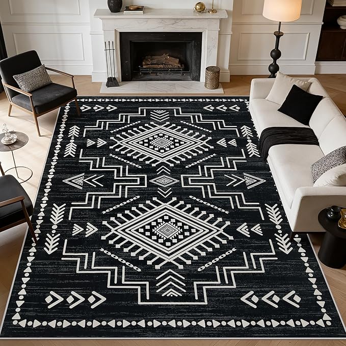 Joydeco Moroccan Black and White Washable 6x9 Living Room Area Rug, Non-Slip Western Stain Resistant Dining Room Rugs for Under Table, Geometric Aztec Print Modern Carpet for Bedroom Office