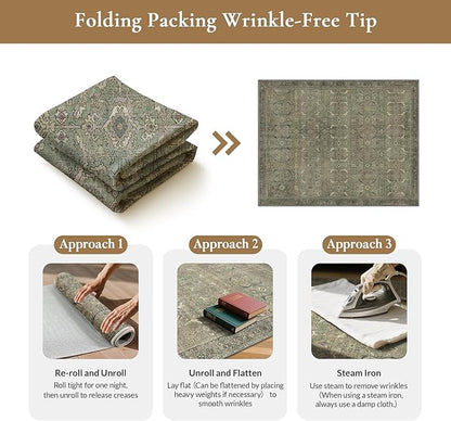 GENIMO 2x3 Area Rugs for Living Room, Machine Washable Non Slip Vintage Rugs, Low Pile Lightweight Chenille Print Rug for Bedroom, Dining Room, Home Office, Muted Green
