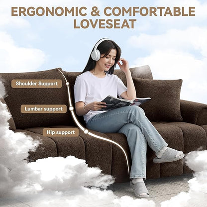 88 "Modern Boucle Sofa Couch, Oversized Comfy 3 Seater Sherpa Curved Sofas Deep Seat, Upholstered Loveseat Teddy Round Arm Couches for Living Room, Bedroom, Brown
