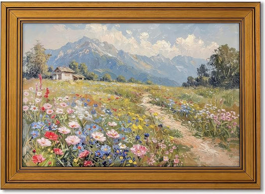 Vintage Gold Framed Colorful Wildflowers Canvas Wall Art, Mountain Landscape Poster Print Artwork, Nature Scenery Painting Picture Wall Decor, for Living Room, Bedroom, Home Decoration, 12x16in
