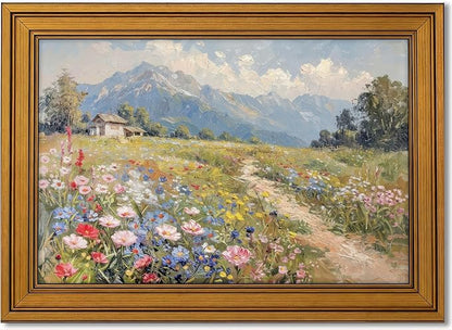 Vintage Gold Framed Colorful Wildflowers Canvas Wall Art, Mountain Landscape Poster Print Artwork, Nature Scenery Painting Picture Wall Decor, for Living Room, Bedroom, Home Decoration, 9x11in