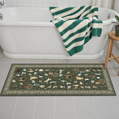 Dog Rug Runner for Entryway, 2x5 Washable Kitchen Mat Ultra-Thin Soft, Non-Slip Indoor Door Carpet Stain Resistant Boho Small Low-Pile Throw for Bathroom Bedroom, Dark Green