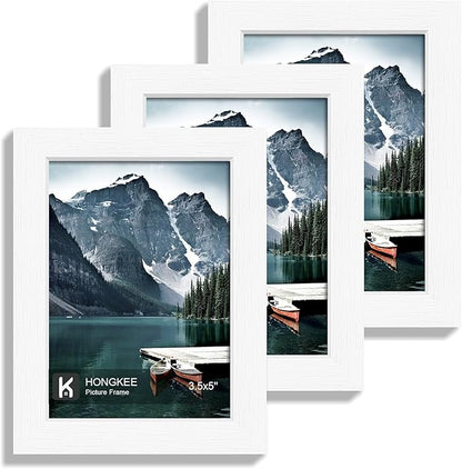 Hongkee 3.5x5 Picture Frame Set of 3 - Made of Real Glass and White Wooden Frame, 3.5 by 5 small Photo for Wall or Tabletop Display