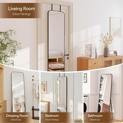 NARCISSUS 57x16 Mirror Door Hanging Full Length Body with Floor Stand or Wall Mounted Metal Aluminum Frame Tempered Glass Rectangle Mirrors for Bedroom Dressing Living Room Bathroom 57 inch Black
