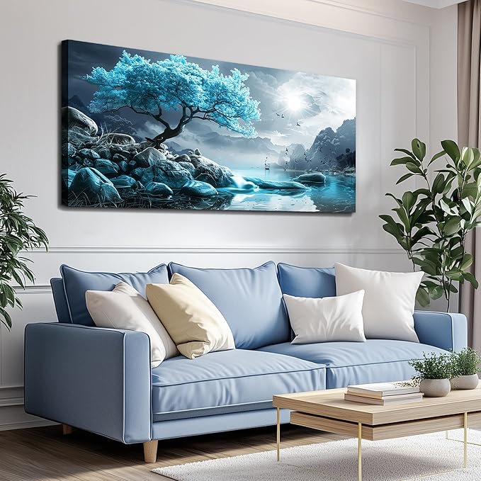 KELIYUAN Canvas Wall Art For Living Room Large Wall Decor For Bedroom Blue Tree Landscape Painting Black And White Wall Pictures Artwork Office Works Frame Canvas Art Modern Home Decoration 24x48in