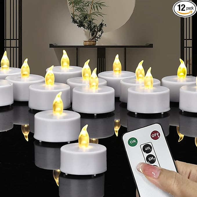 Tea Lights Candles Battery Operated with Remote Control, 12Pcs Flickering Flameless Candle with Timer, Long Lasting 400+Hours Led Electric Candle for Home Decor, Wedding, Party (WarmYellow)