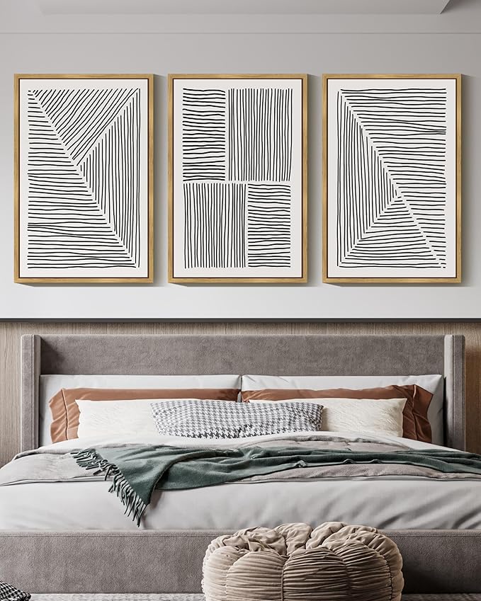 Drsoum Mid-Century Modern Framed Wall Art Large 24x36in Minimalist Abstract Boho Black Line Wall Decor Geometric Artwork Kitchen Dining Room Black Framed