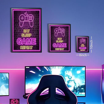 Framed Game Wall Art, Boys Game Room Wall Decor Painting, Purple Neon Gaming Controller Canvas Print Poster for Kids Room Teen Bedroom Game Room 8x10 Inch