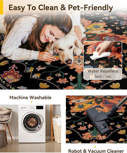 RELEANY Area Rugs Round 8ft Washable Non-Slip, Floral Vintage Distress Print Pattern Medallion Carpet for Living Room Bedroom Dining Room, Black Colorful Floral Dark Tan