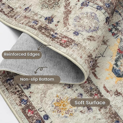 YOH Boho Washable Rug 9x12, Vintage Multi Non Slip Area Rug, Distressed Indoor Carpet for Living Room Bedroom Kitchen Office