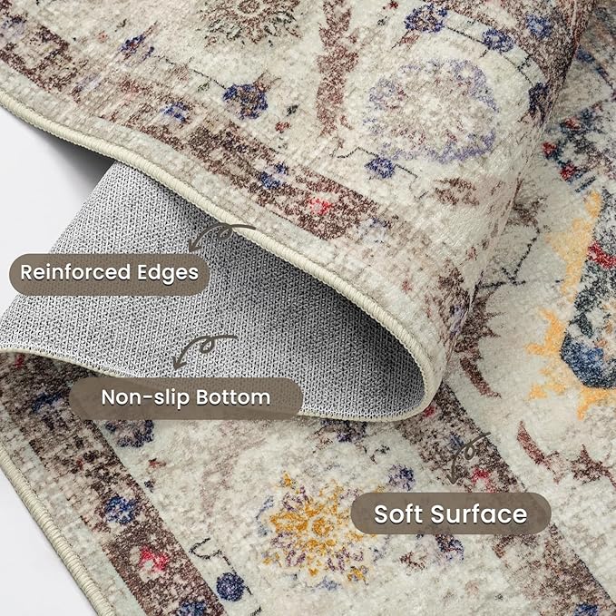 YOH Boho Washable Rug 4x6, Vintage Multi Non Slip Area Rug, Distressed Indoor Carpet for Living Room Bedroom Kitchen Office