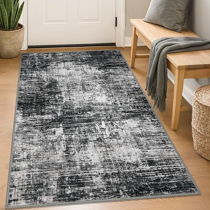 KILOCOCO Abstract Area Rug 3x5 Entryway Rug Washable Kitchen Rugs Non Slip Soft Pinted Entrance Rugs Indoor Mat for Front Door Foyer Farmhouse Living Room Floor Carpet, Black/Grey