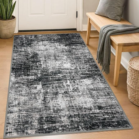 KILOCOCO Abstract Area Rug 3x5 Entryway Rug Washable Kitchen Rugs Non Slip Soft Pinted Entrance Rugs Indoor Mat for Front Door Foyer Farmhouse Living Room Floor Carpet, Black/Grey