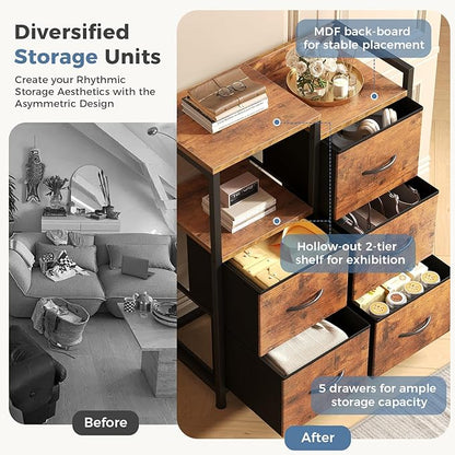 DUMOS TV Stands for Bedroom with 5 Drawers, 5-Drawer Chest of Drawers with Raised Shelf, Storage Tower with Fabric Bins for Closet Organization, Hallway Storage, Tank
