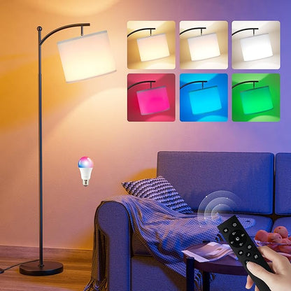 Ambimall Floor Lamps with Smart Light Bulb, RGB + Color Temperatures Bright Dimmable Smart Floor lamp(White Shade & Black Pole)