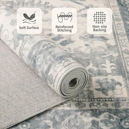 Rugxara Area Rugs 5x7, Washable Rugs for Living Room, Vintage Boho Light Blue Rug for Office, Dining Room, home decorKids Room and Farmhouse,Home Decor Durable Low Pile Non-Slip for High Traffic Areas