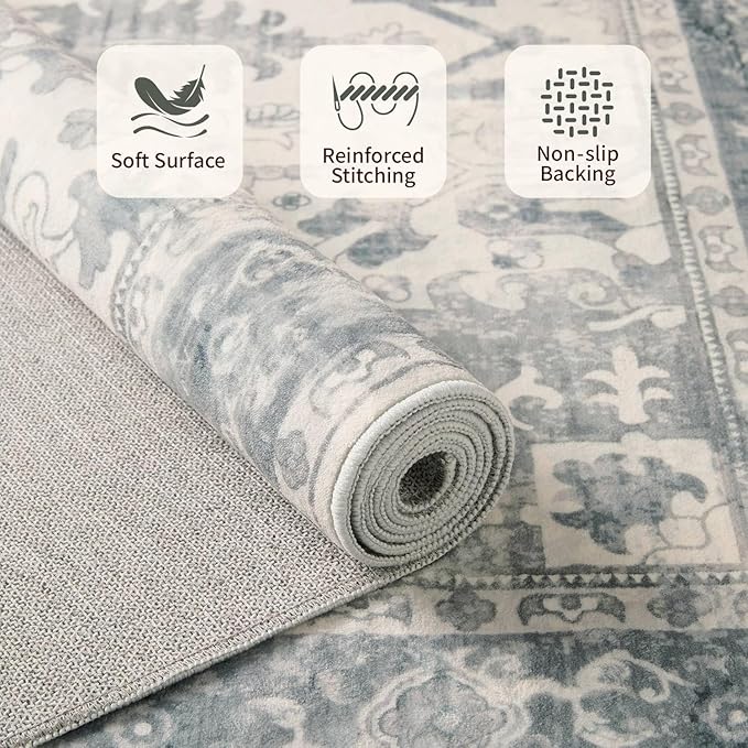Rugxara 2'6" x 8' Hallway Runner Rug, Non Slip Boho Runner Rugs for Hallway, Kitchen, Entrance, Bathroom, Laundry Room, Soft Ultra-Thin Entryway Carpet, Throw Low Pile Retro Carpet, Blue/Grey