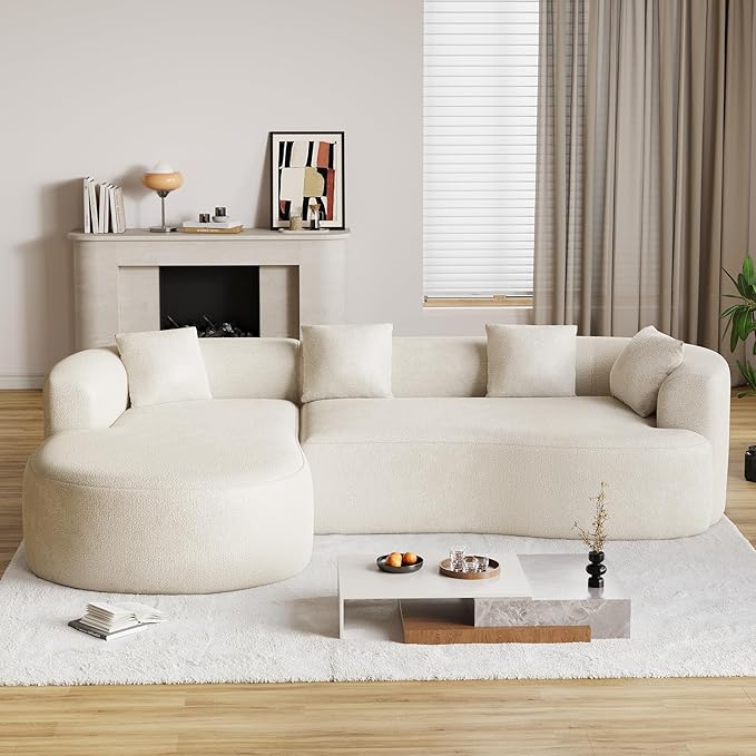 Luxury Modern Tight Curved Back Sofa, 111" Minimalist Style Comfy Couch for Living Room, 4 Seater Modular Chenille Sectional with 4 Throw Pillows,No Assembly Needed,Cream White(Left-Facing Chaise)