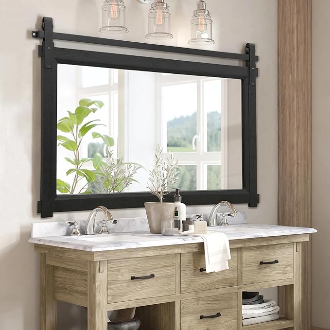 Besdomus Bathroom Black Farmhouse Mirror: 42"x28" Barn Door Rustic Solid Cedar Wood Frame - Wall Decorative Mirror for Fireplace/Living Room/Bathroom Remodel - Modern Farmhouse Decor for Homemakers