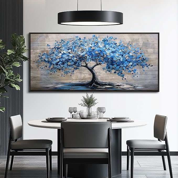 ERQINHUA Large Canvas Blue Tree Printed Painting Wall Decor For Living Room Office Wall Art For Bedroom Abstract Farmhouse Restaurant Mural Artwork Picture Home Decoration Black Framed 32x72 In