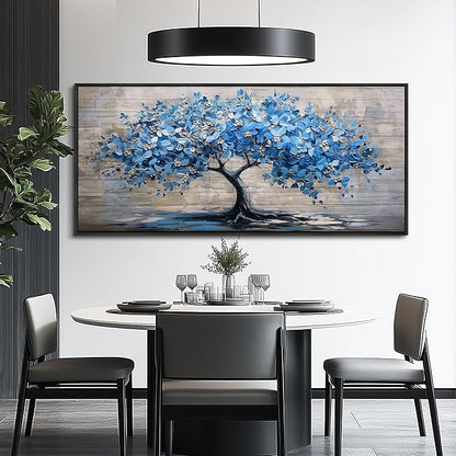 ERQINHUA Large Canvas Blue Tree Printed Painting Wall Decor For Living Room Office Wall Art For Bedroom Abstract Farmhouse Restaurant Mural Artwork Picture Home Decoration Black Framed 32x72 In