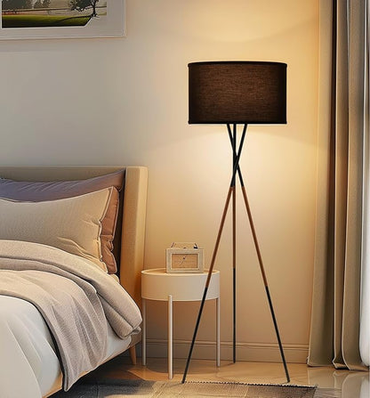 Kira Home Sadie 61" Modern Tripod Floor Lamp with Black Linen Drum Shade, Cross-Leg Standing Light with 9W LED Bulb and Leather Accent, Black Finish