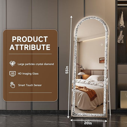 55"×20" Full-Length Mirror with Lights- Arch Crystal Crush Diamond Wall Mounted Hanging Diamond Mirror Leaning for Living Room Bedroom