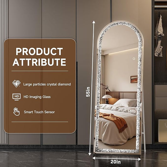 55"×20" Full-Length Mirror with Lights- Arch Crystal Crush Diamond Wall Mounted Hanging Diamond Mirror Leaning for Living Room Bedroom