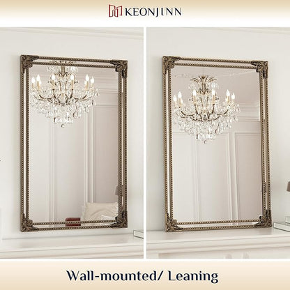 Keonjin Gold Vintage Mirror 30 x 36 Inch, Antique Mirrors Rectangle, Traditional Brass Mantel Decoration, Baroque Style Wall Decor for Hallway, Fireplace, Entryway, Living Room, Anti-Rust, Waterproof